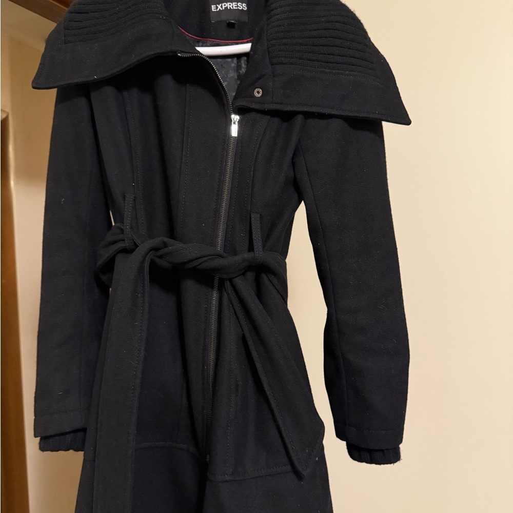 Express Wide Collar Black Belted Winter Coat